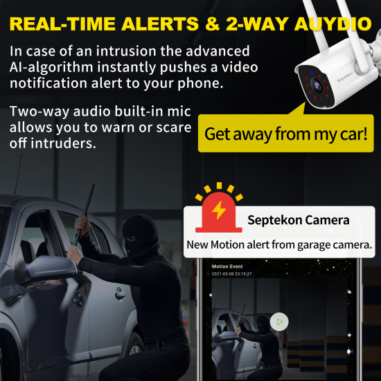 Septekon Outdoor Security Camera, 2K Cameras for Home Security, Dual Antenna 2.4G WiFi Camera with Night Vision, AI Motion Detection, 2-Way Audio, IP66 Waterproof, White Septekon Outdoor Security Camera, 2K Cameras for Home Security, Dual Antenna 2.4G WiFi Camera with Night Vision, AI Motion Detection, 2-Way Audio, IP66 Waterproof, White